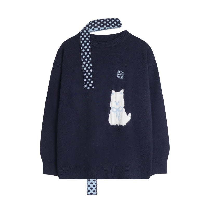 Elegant Deep Blue Polka Dot Scarf Sweater